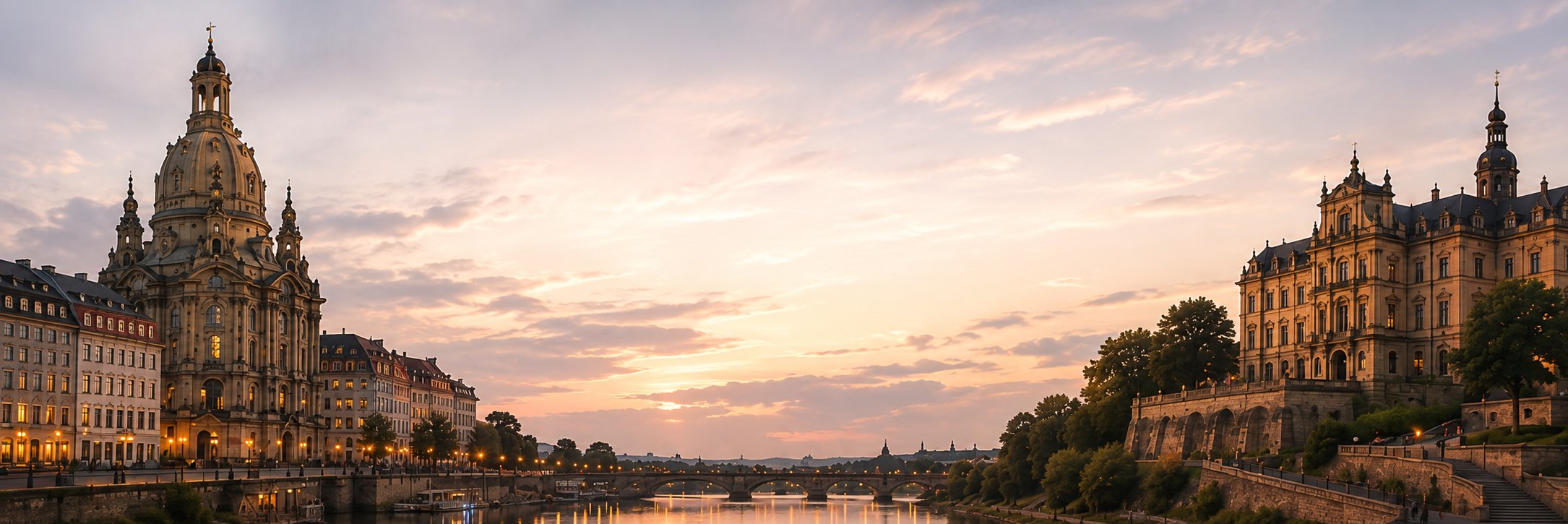 Dresden skyline with the Frauenkirche at golden hour
